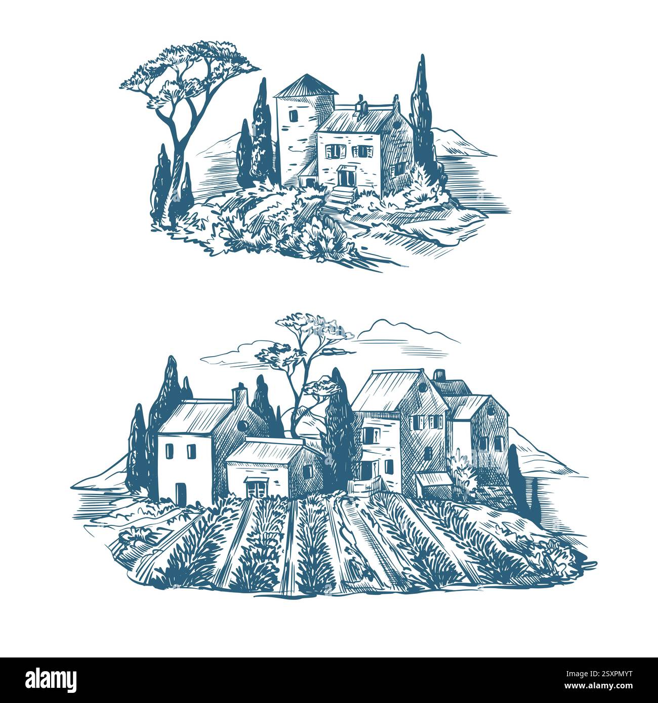 Maisons médiévales et moulin dans le style toile. Vecteur. Illustration de Vecteur