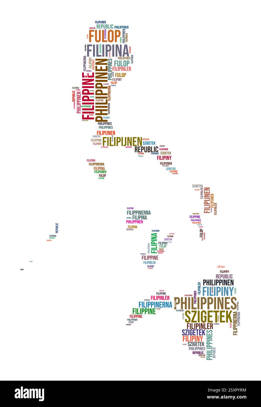 Nuage de mots en forme de pays Philippines. Illustration de pays de style typographique. Image Philippines dans le style nuage de texte. Illustration vectorielle. Illustration de Vecteur