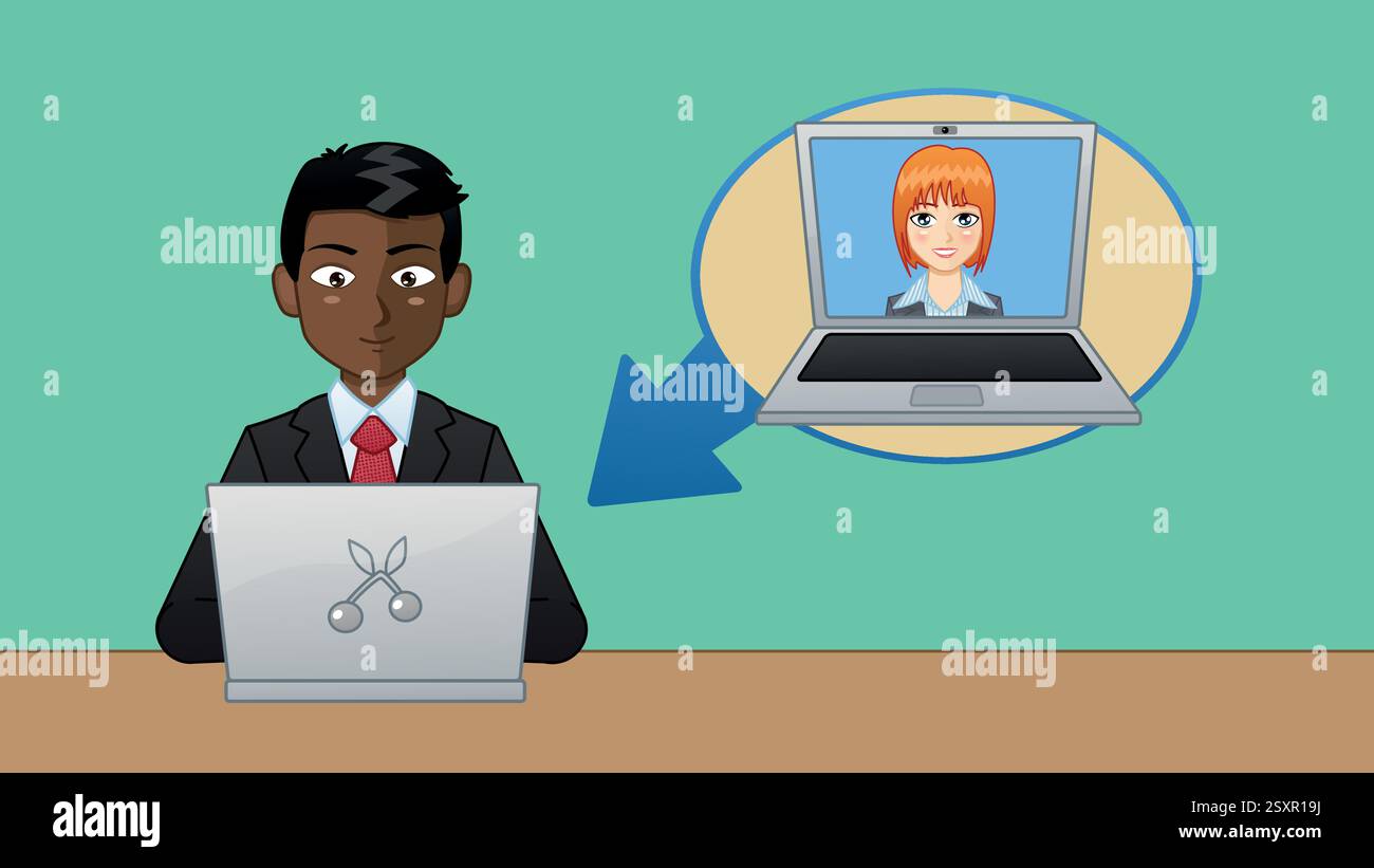Conversation en ligne. Un homme en costume est assis devant un ordinateur portable et a une conversation avec une collègue. Illustration de Vecteur