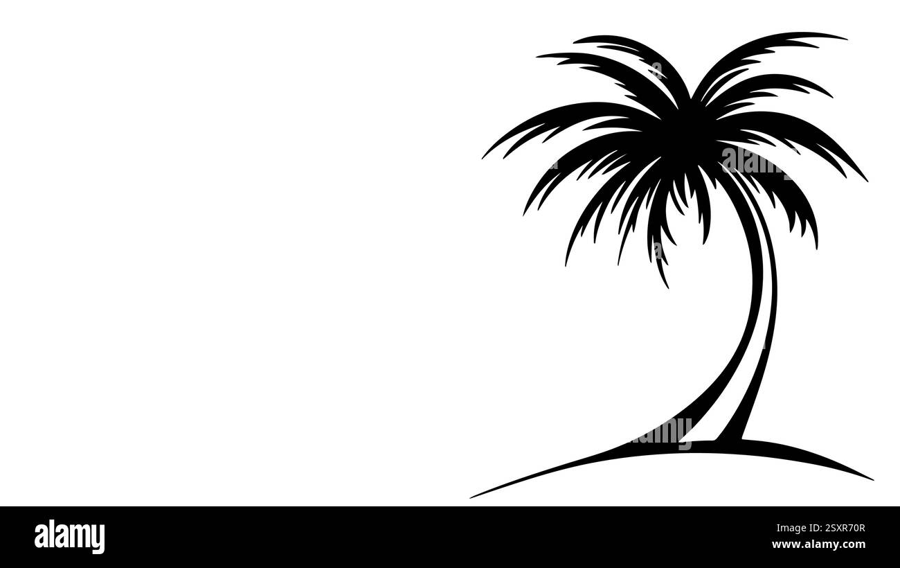 Arbre de palmier silhouette sur l'île. Concept de vacances d'été plage tropicale. Graphique de publicité touristique. Illustration vectorielle d'encre noire Illustration de Vecteur