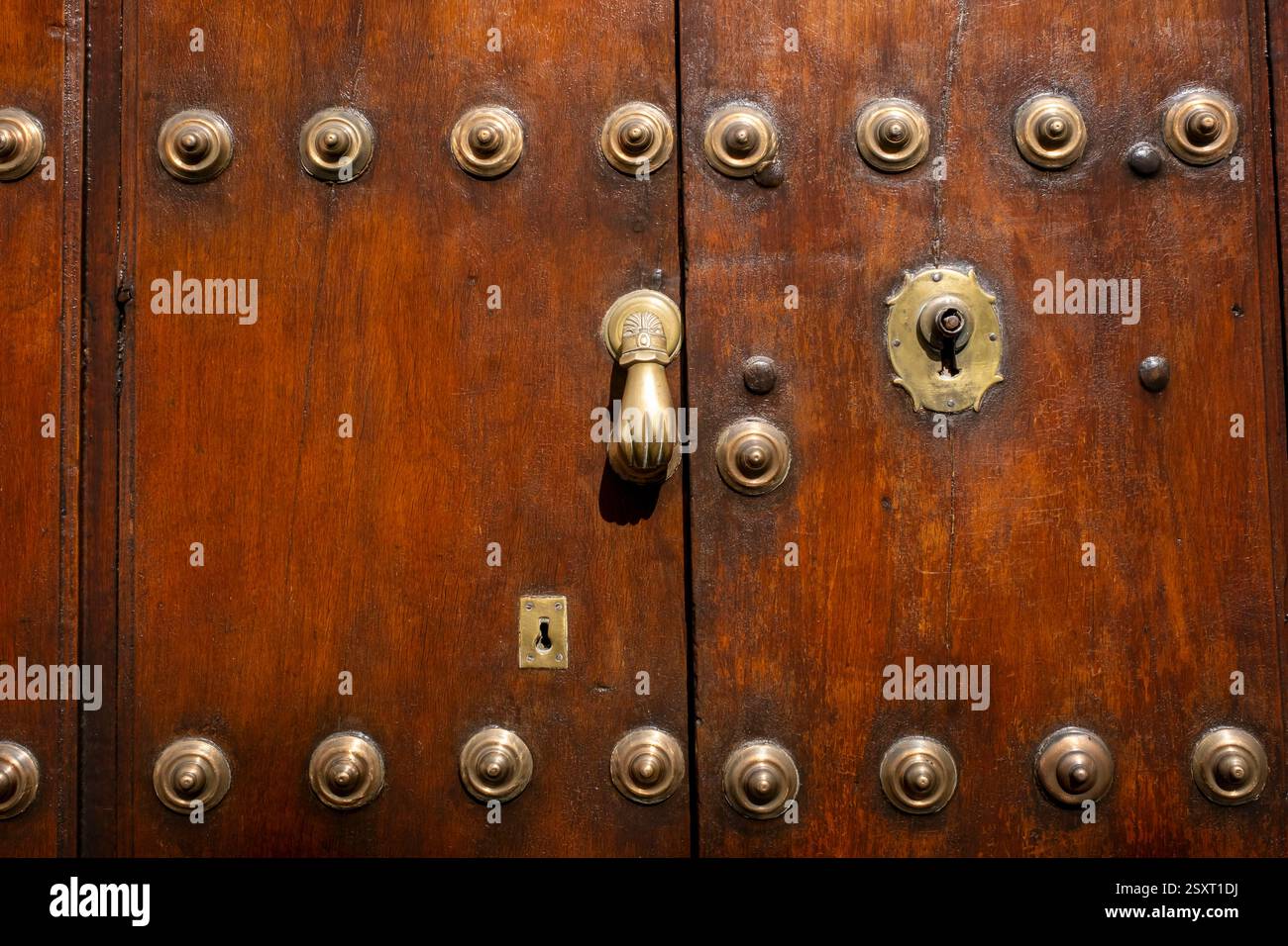 Frappeur de porte en laiton orné sur la porte d'entrée cloutée d'une maison dans la Calle Sevilla, Osuna, Espagne. Banque D'Images