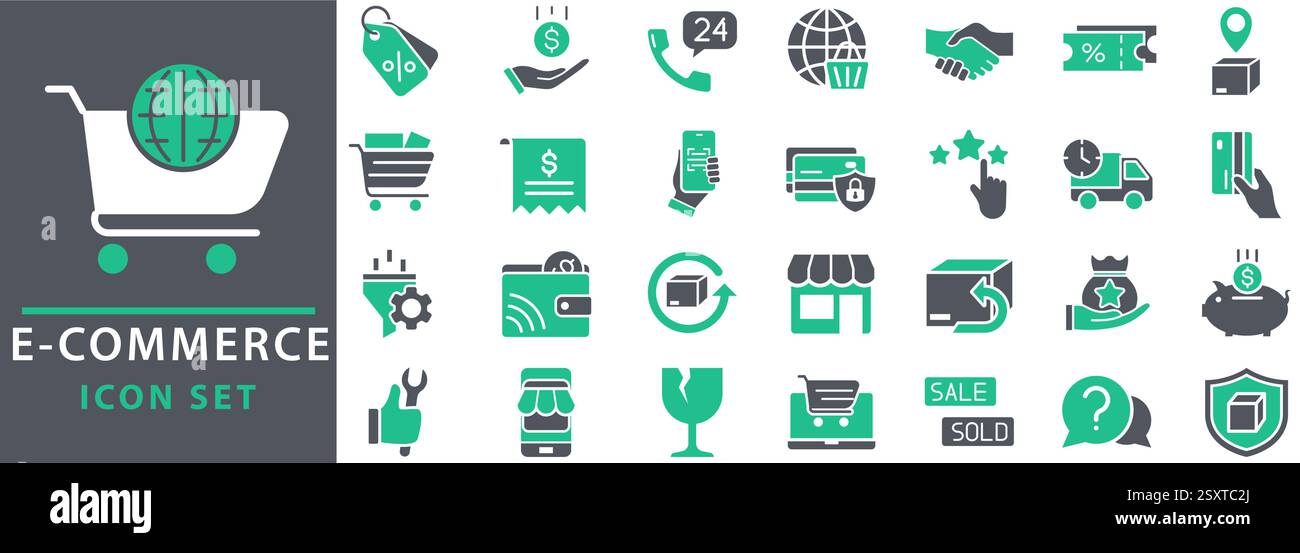 Jeu d'icônes de commerce électronique. Achats en ligne et éléments de livraison. Symbole e-business. Définir la collection vectorielle d'icônes. Illustration de Vecteur