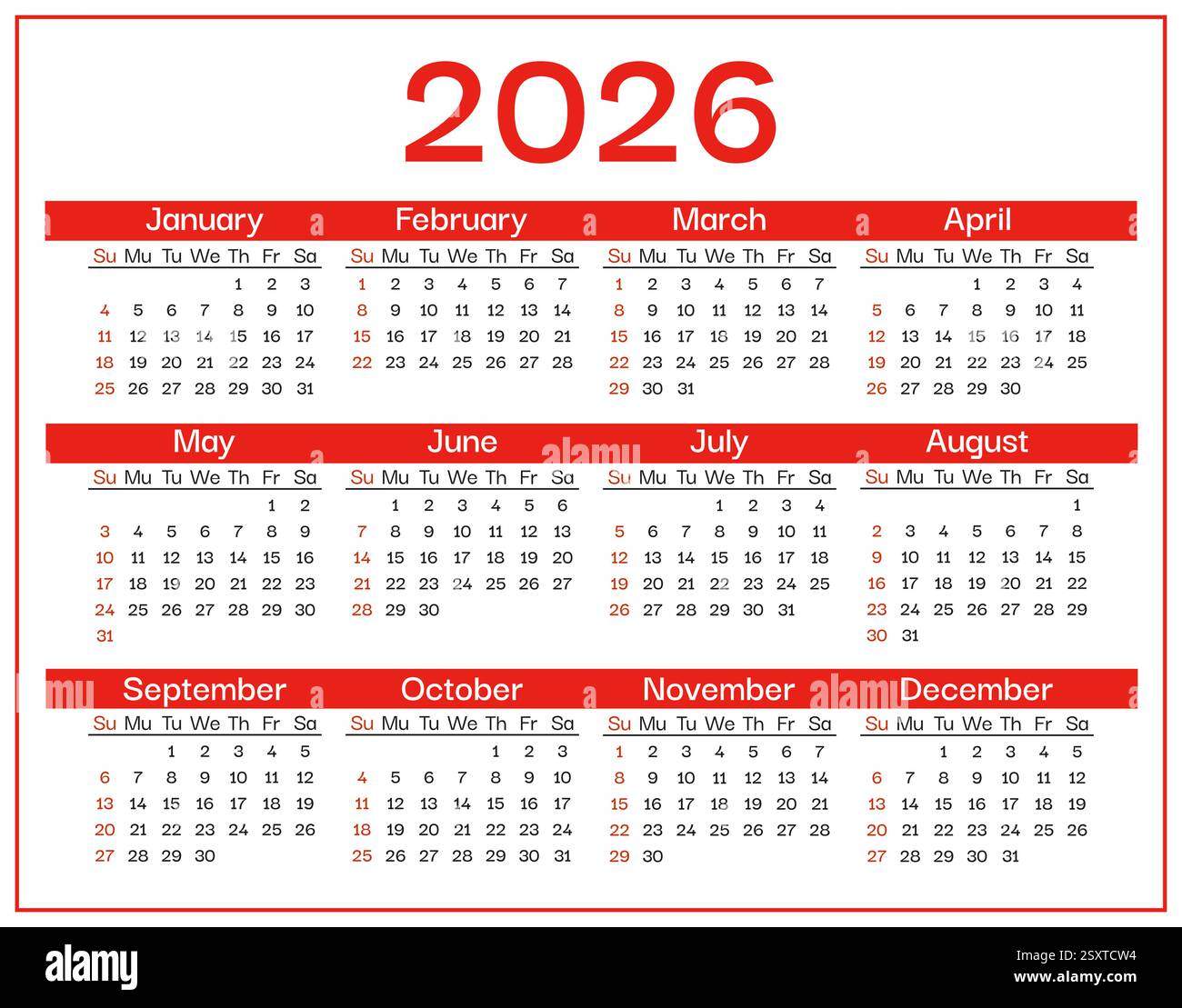 Modèle calendrier 2026. La semaine commence le dimanche. Calendrier mensuel mural 2026 dans un style minimaliste. Calendrier de bureau de planificateur de conception d'entreprise, organisateur de bureau. Impression de modèle moderne. Illustration vectorielle Illustration de Vecteur