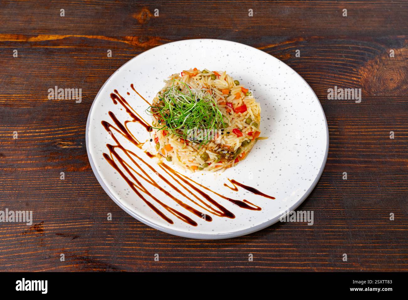 Un plat gastronomique magnifiquement arrangé met en valeur du riz assaisonné mélangé à des légumes colorés. Il est artistiquement arrosé de sauce et garni de Banque D'Images