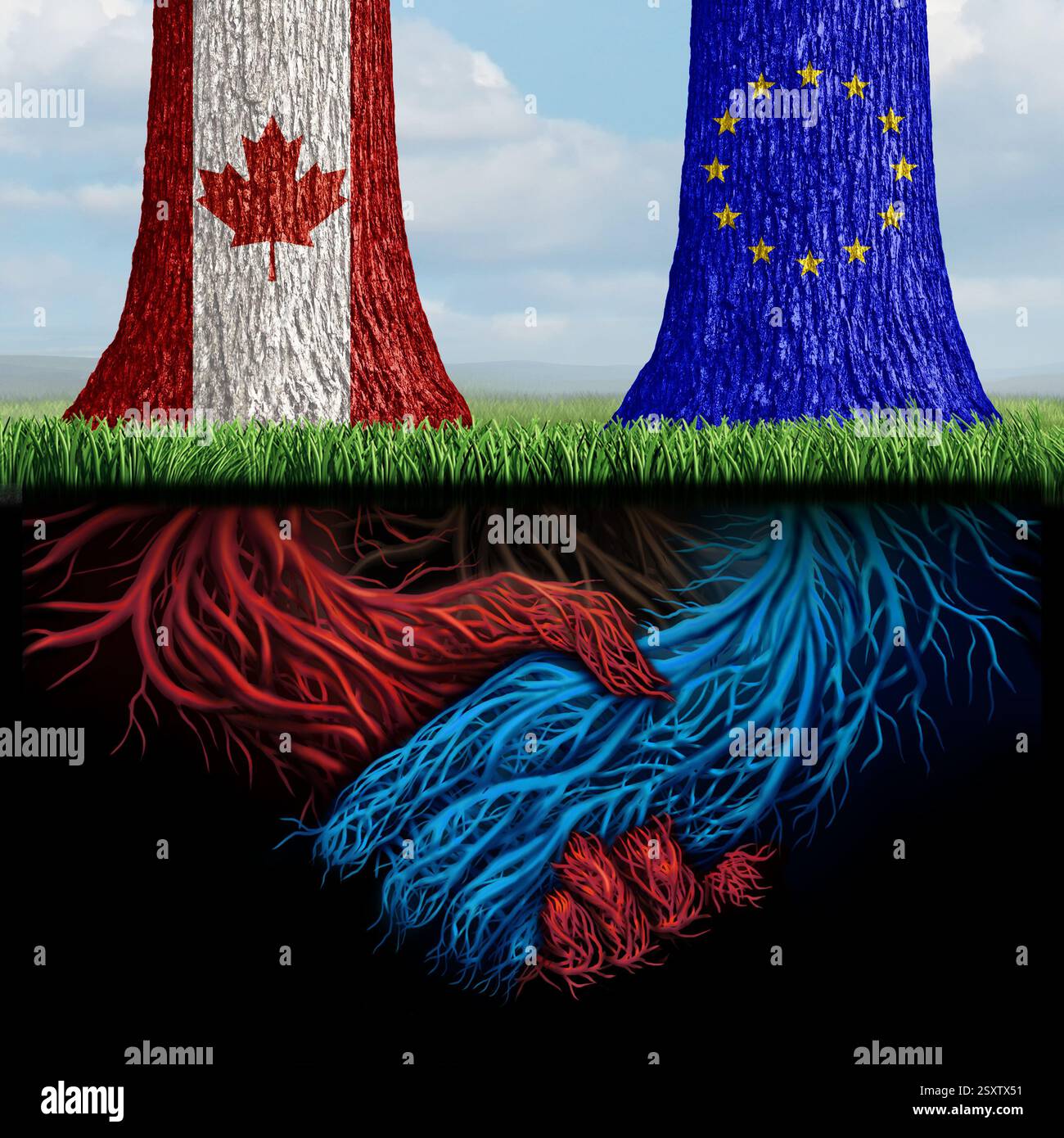 Canada Partenariat de l'Union européenne comme coopération canadienne et européenne et alliance économique et politique comme deux arbres avec des racines connectées comme symb Banque D'Images