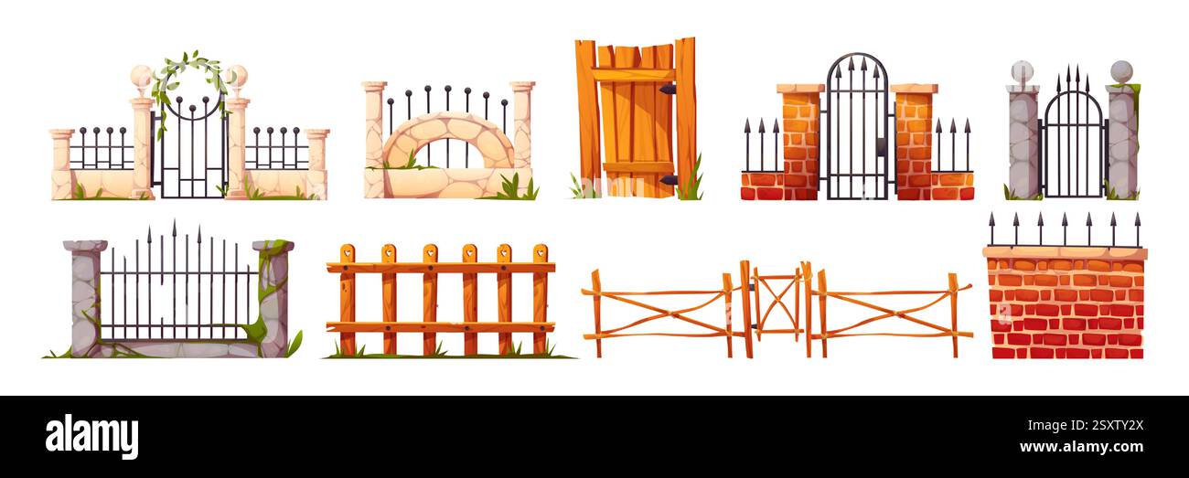 Clôtures en bois et en pierre isolées sur fond blanc. Illustration vectorielle de dessin animé de la ferme rurale, jardin de la ville, arrière-cour de la maison, ancienne porte de cimetière et barrière en bois, fer, briques et rochers Illustration de Vecteur