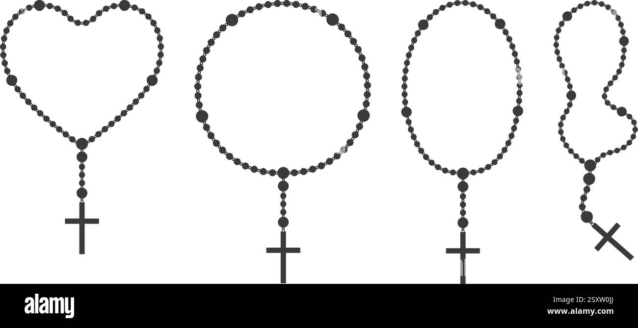 Ensemble de silhouettes de perles de Rosaire. Bijoux en forme de coeur de prière pour la méditation. chapelet catholique avec croix. Symbole de religion. Illustration vectorielle. Illustration de Vecteur