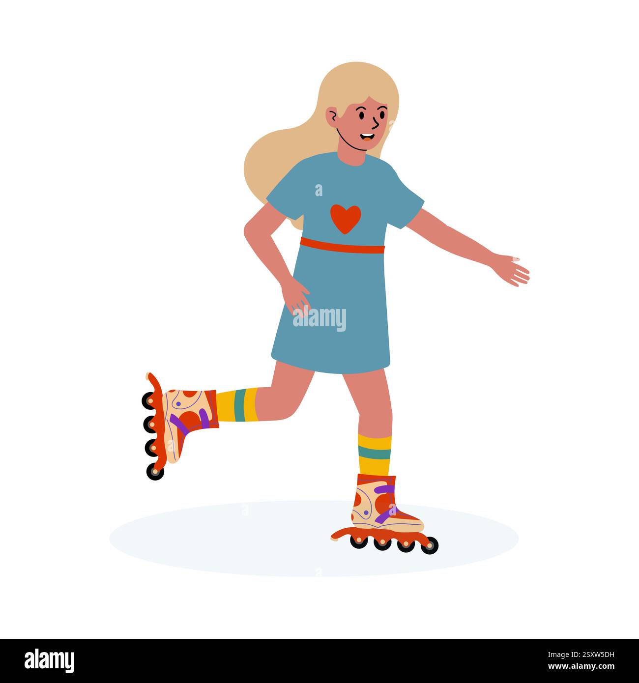 Fille roller skating dans une tenue colorée sur un fond lumineux et joyeux Illustration de Vecteur