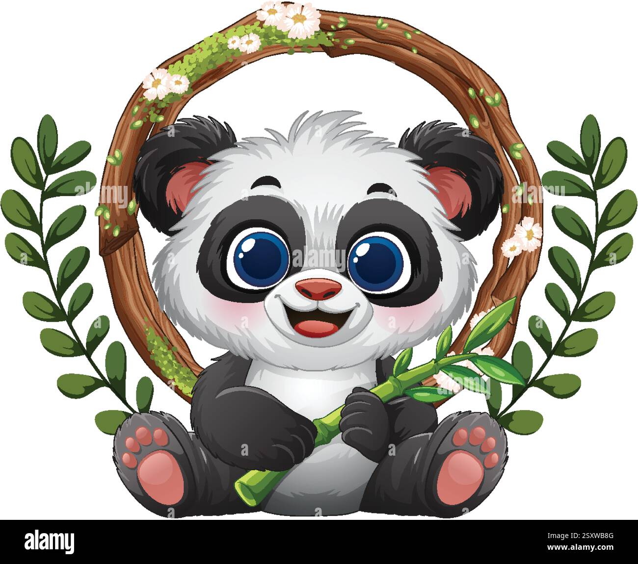 Adorable panda tenant du bambou entouré d'une couronne florale Illustration de Vecteur