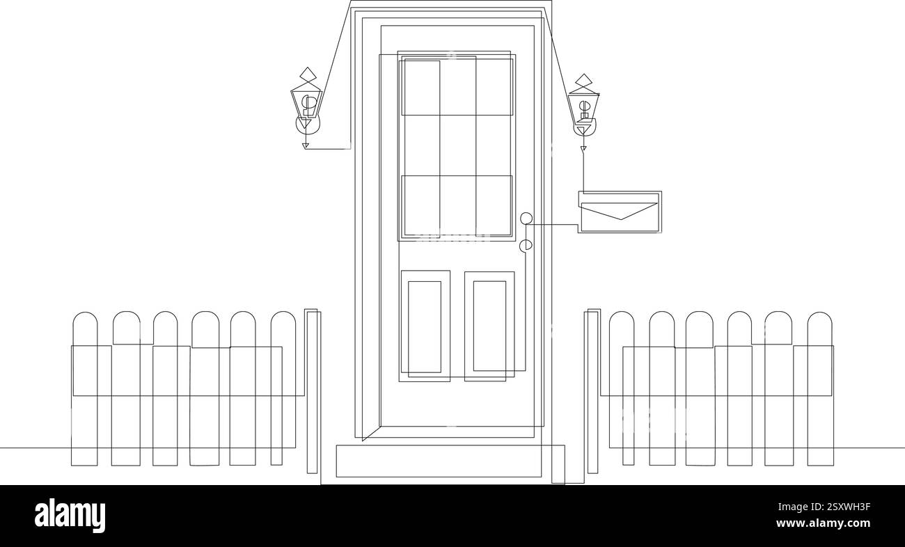 Extérieur de la maison avec porte d'entrée avec deux lanternes, boîte aux lettres et clôture continue illustration d'une ligne. Dessin à une ligne design minimaliste. Vecteur, e Illustration de Vecteur
