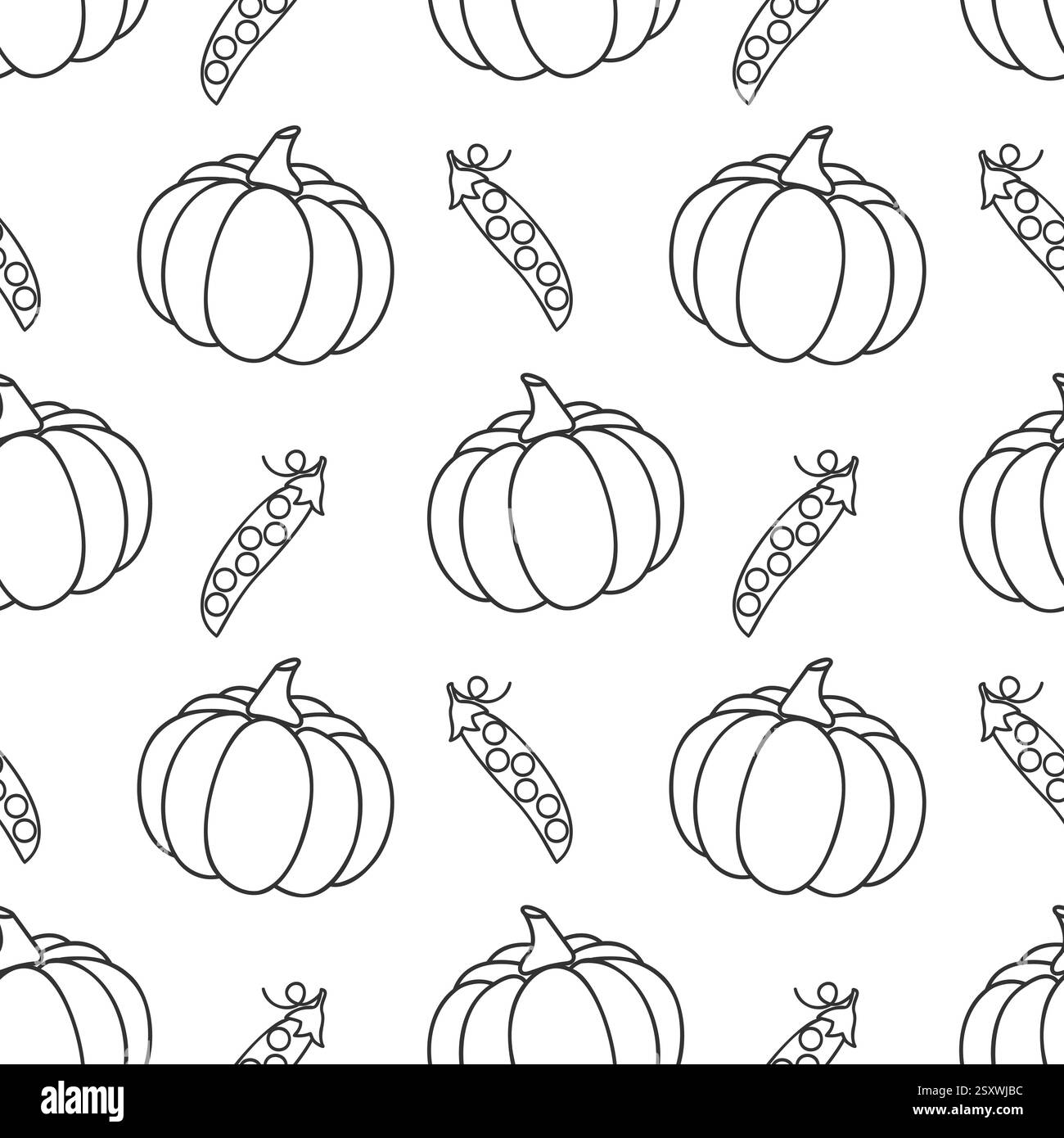 Motif avec de la citrouille et des pois de légumes sains, dessin de contour de légumes sains sur fond blanc. Illustration vectorielle Illustration de Vecteur