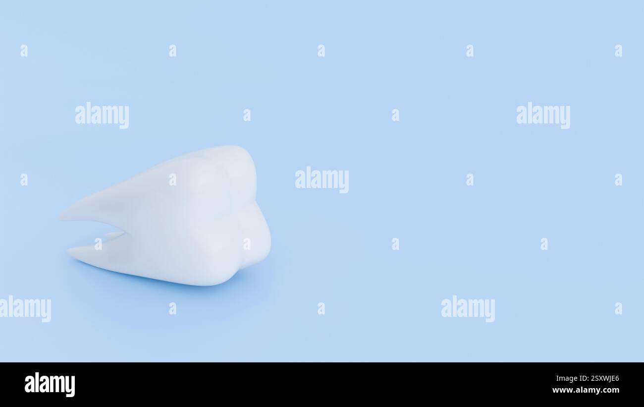 Modèle 3D d'une dent molaire blanche sur fond bleu, dentisterie, conception dentaire Banque D'Images