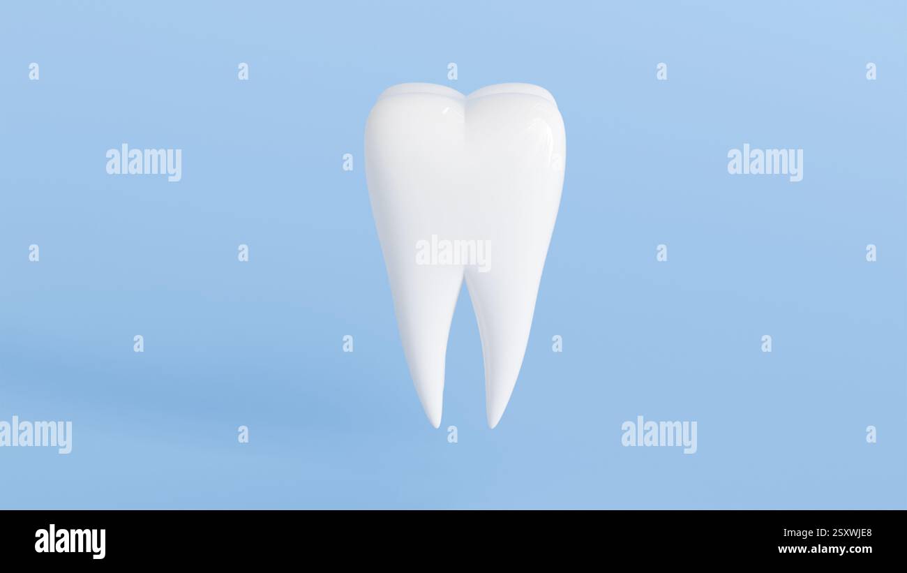 Modèle 3D d'une dent molaire blanche sur fond bleu, dentisterie, conception dentaire Banque D'Images