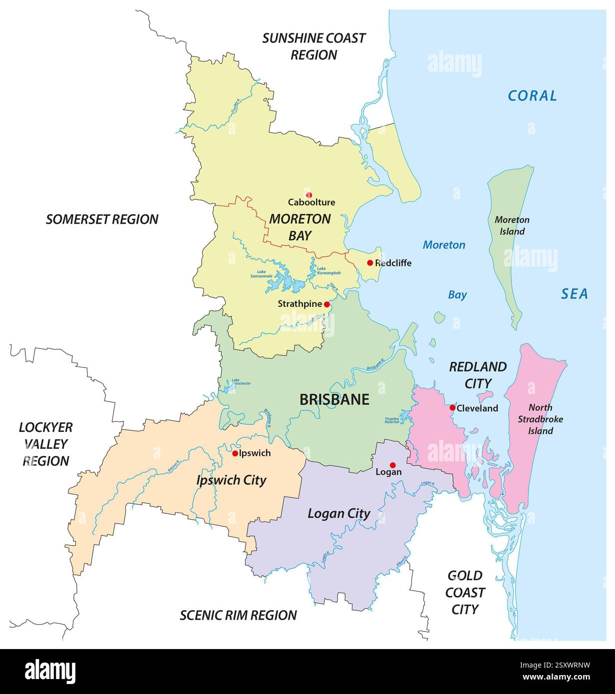 Carte administrative du Grand Brisbane, Queensland, Australie Banque D'Images