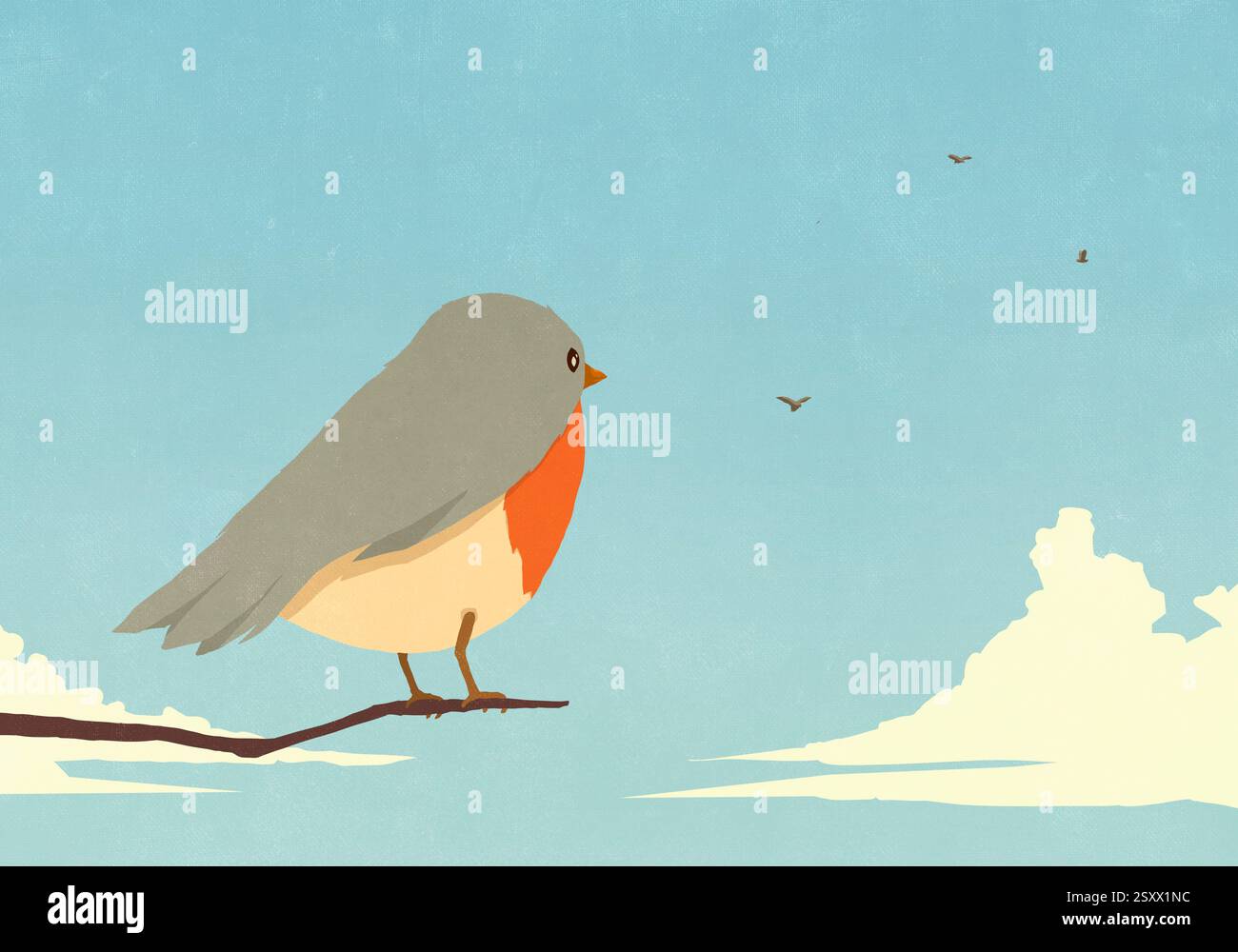 Oiseau serein perché sur la branche observant les oiseaux dans le ciel bleu Banque D'Images