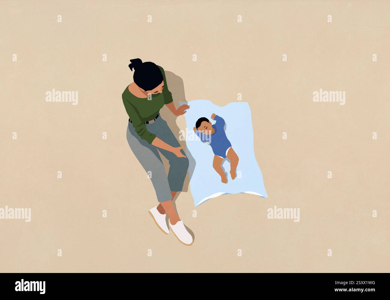 Mère à vue à grand angle regardant son bébé dormir sur une couverture Banque D'Images