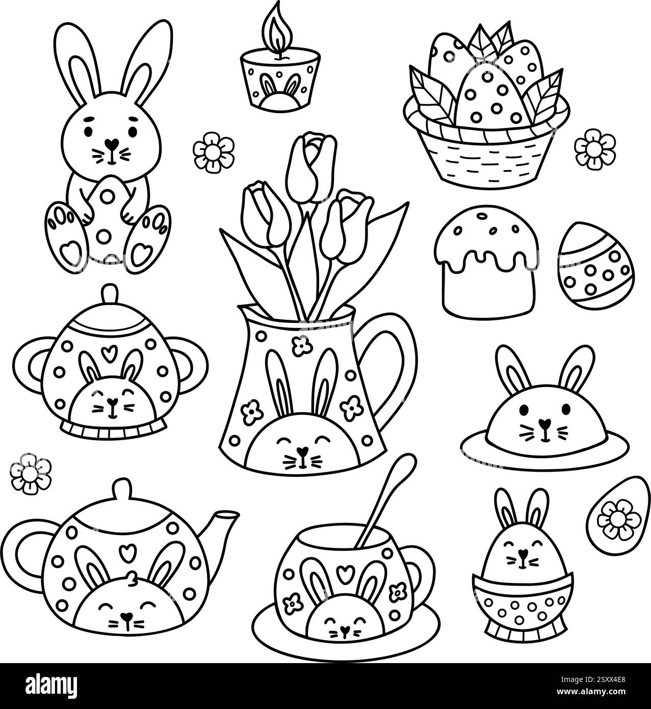 Contour joli lapin de printemps de Pâques décoration linéaire dessin doodle. Vaisselle isolée des fêtes théière, tasses, sucrier, cruche avec bouquet tulipes avec R Illustration de Vecteur