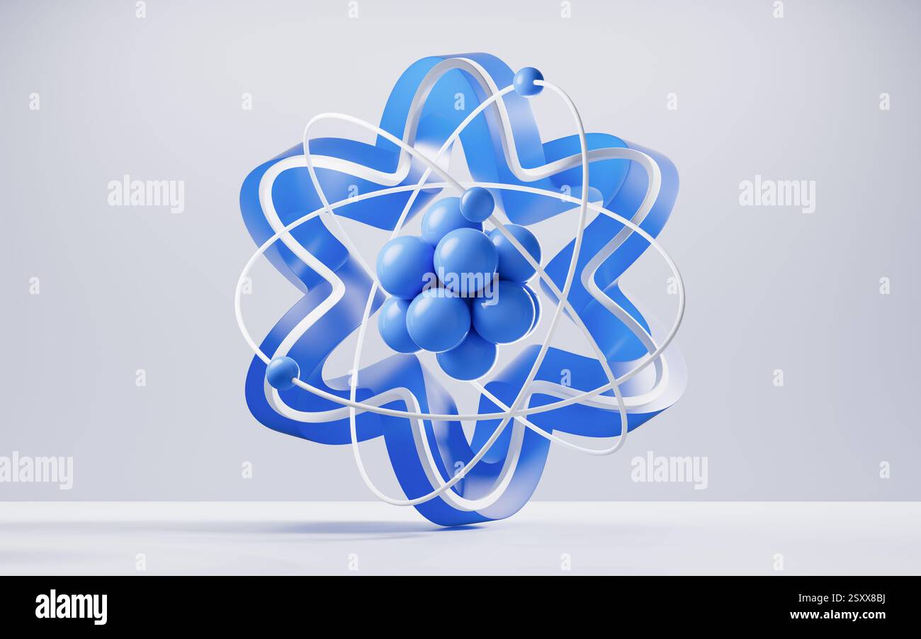 Atome physique avec fond de cadre de courbe bleue, rendu 3D. Illustration 3D. Banque D'Images
