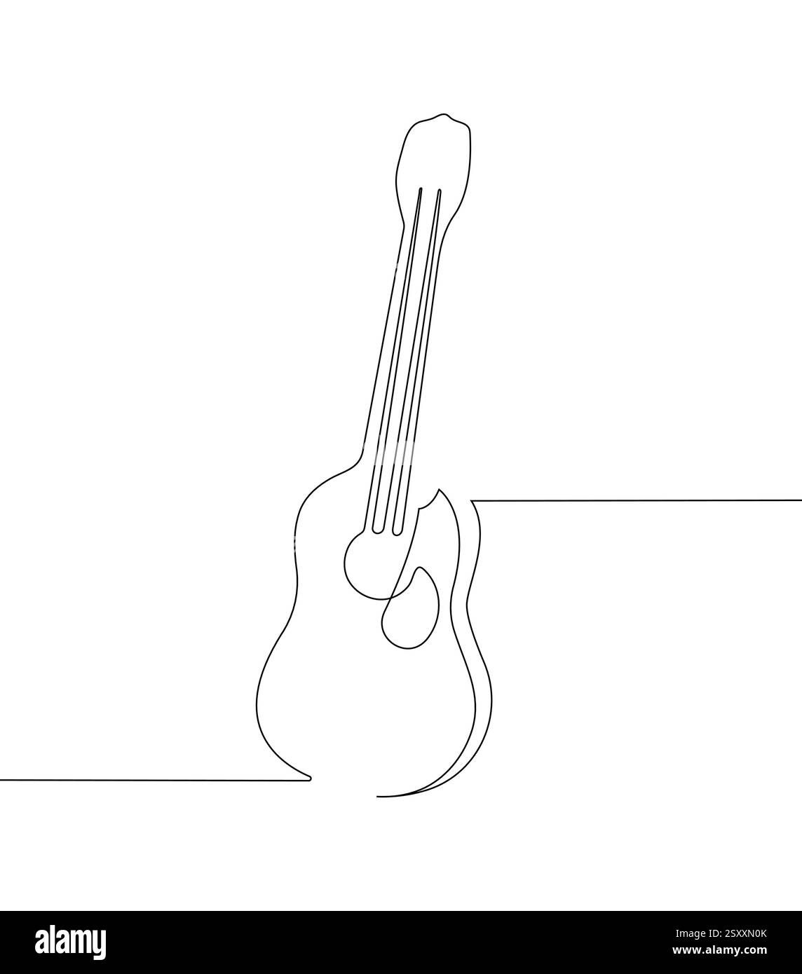 Minimaliste un dessin de ligne continue d'une guitare avec des harmoniques musicales sur un fond blanc. Illustration de Vecteur