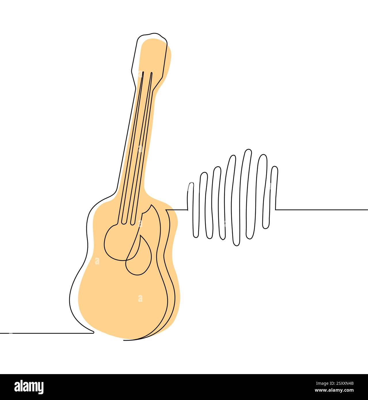 Minimaliste un dessin de ligne continue d'une guitare avec des harmoniques musicales sur un fond blanc. Illustration de Vecteur