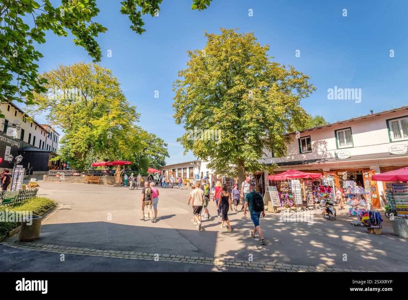 Place de la danse des sorcières, Allemagne – 27 août 2024 : de nombreux touristes visitent les boutiques et le terrain de jeu de la place de la danse des sorcières (montagnes du Harz, Allemagne). Banque D'Images
