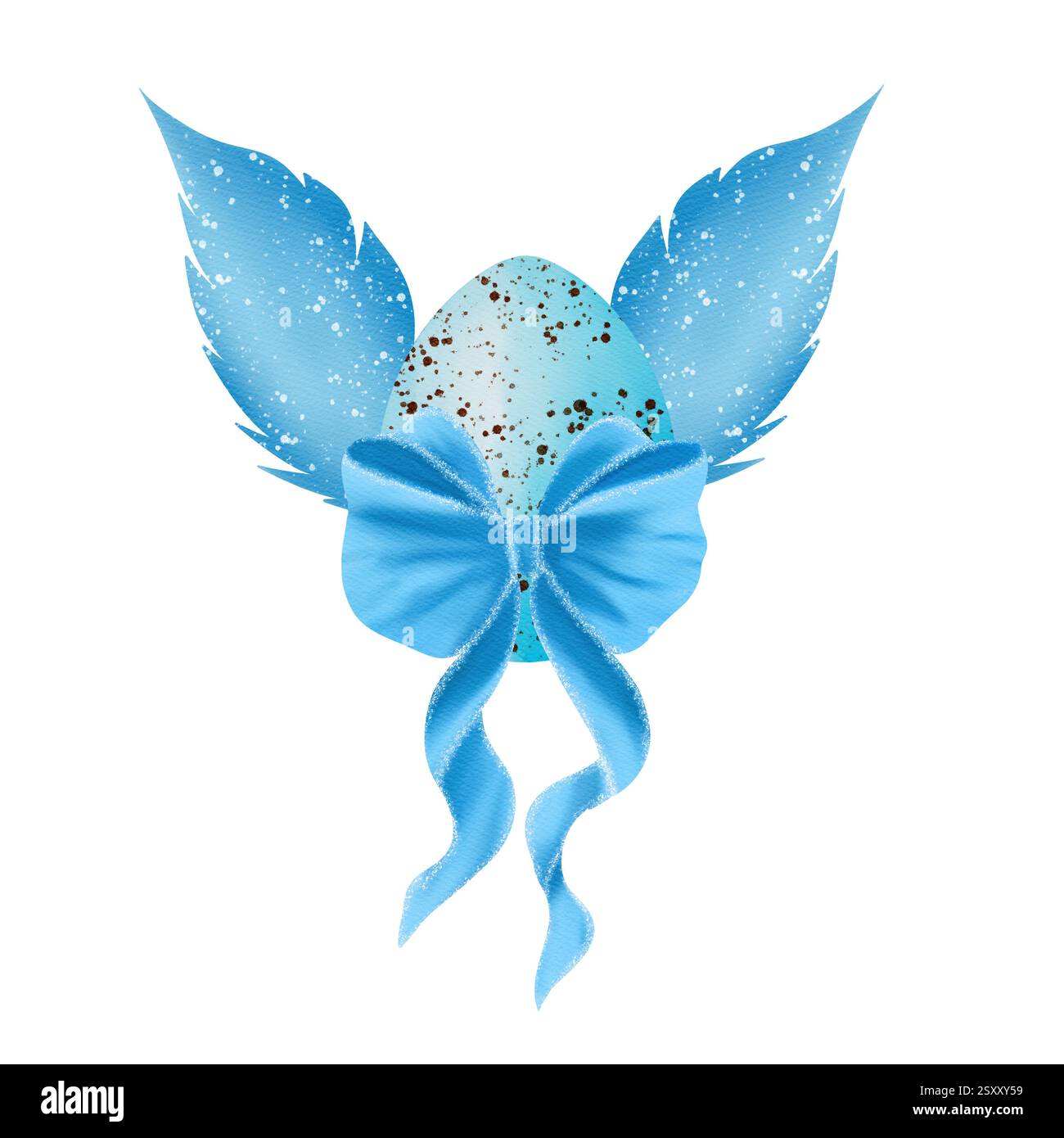 Oeuf bleu coloré avec des ailes et un bel arc bleu. Illustration numérique aquarelle Banque D'Images
