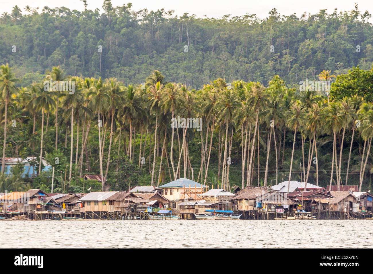 Bahay kubo, maisons Philippines traditionnelles sur pilotis construites au-dessus de la mer avec des matériaux légers et des cocotiers en arrière-plan à Surigao, Philippines Banque D'Images