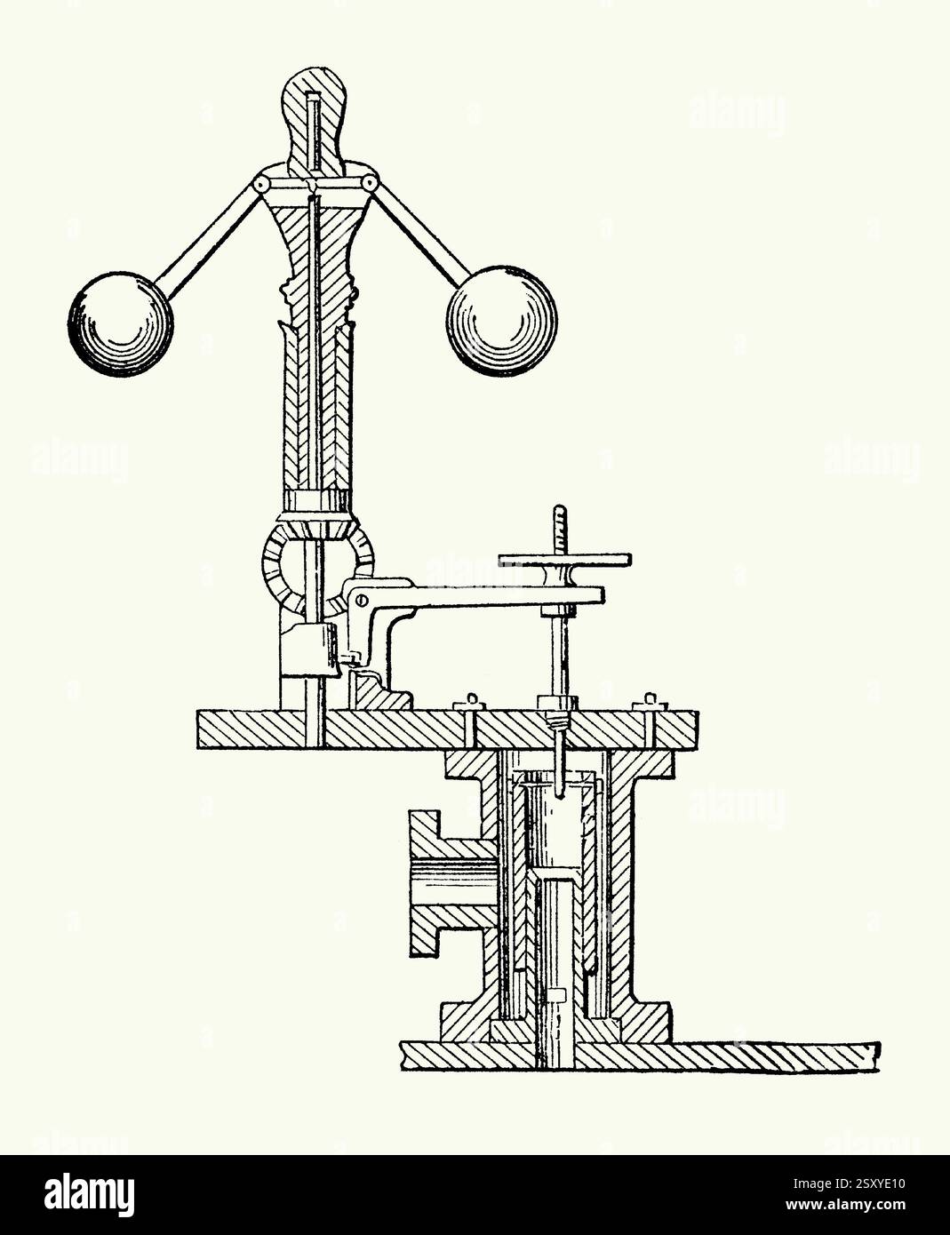 Une vieille gravure d'une vanne de coupure de régulateur centrifuge typique sur une machine à vapeur dans les années 1800 Il est tiré d'un livre de génie mécanique victorien des années 1880 Ce régulateur centrifuge ou régulateur à boule volante commande le régime d'un moteur en régulant le débit de carburant, maintenant une vitesse constante. Lorsque le régime moteur augmente, la fusée du régulateur (en haut à gauche) tourne plus rapidement. Les deux masses sur les bras de levier pour se déplacer vers l'extérieur et vers le haut contre la gravité. Si cela va trop loin, les bras de levier descendent sur un roulement, réduisant ainsi l'ouverture d'un papillon (en bas à droite). Banque D'Images