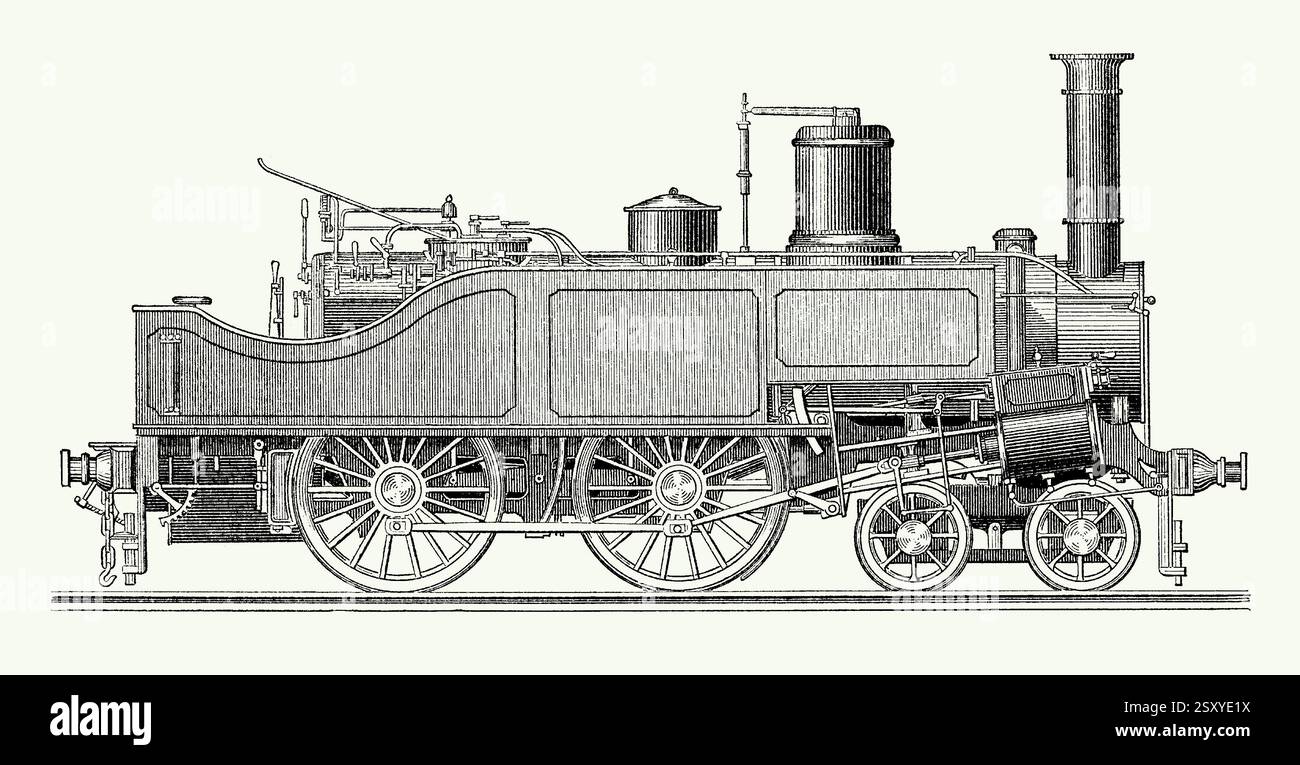 Une ancienne gravure d'un Vaessen-design pour une locomotive à vapeur de Liège, Belgique au milieu des années 1800 Il est tiré d'un livre de génie mécanique victorien des années 1880 Cette locomotive 4-4-0, avec une semelle ouverte et sans cabine, aurait nécessité la fixation d'un appel d'offres. Banque D'Images