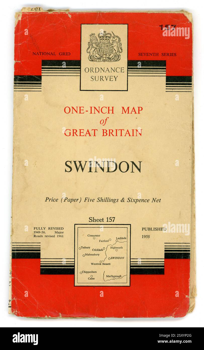 Carte Vintage Ordnance Survey, National Grid septième série, carte d'un pouce, feuille 157, pour Swindon, la date de publication était 1958, cette édition révisée est de 1961 Royaume-Uni Banque D'Images