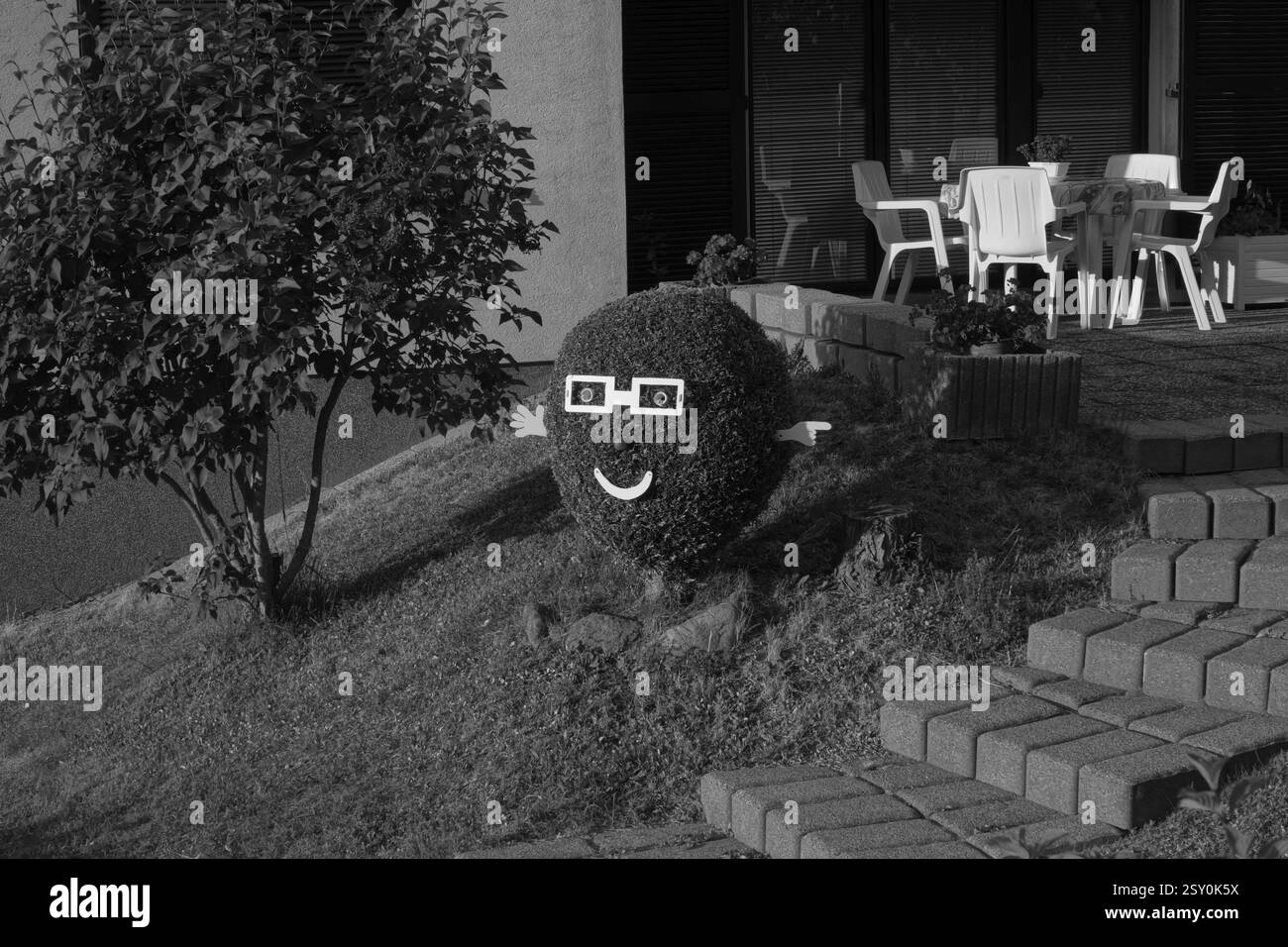 Haie de jardin comme visage souriant près de paris, france Banque D'Images