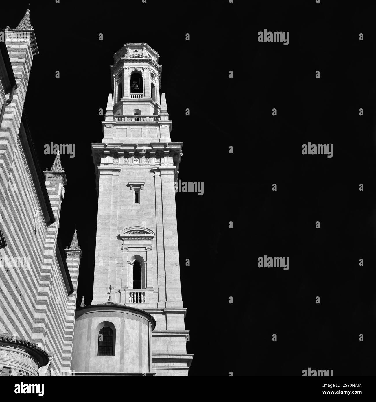 Architecture Renaissance en Italie. Magnifique clocher en marbre de la cathédrale de Vérone conçu par l'architecte Sanmicheli au 16ème siècle (Noir et WHI Banque D'Images