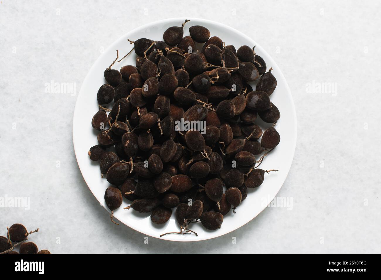 Vue aérienne du tamarin de velours sur un comptoir blanc, vue de dessus du bouquet de tamarin de velours sur fond blanc Banque D'Images