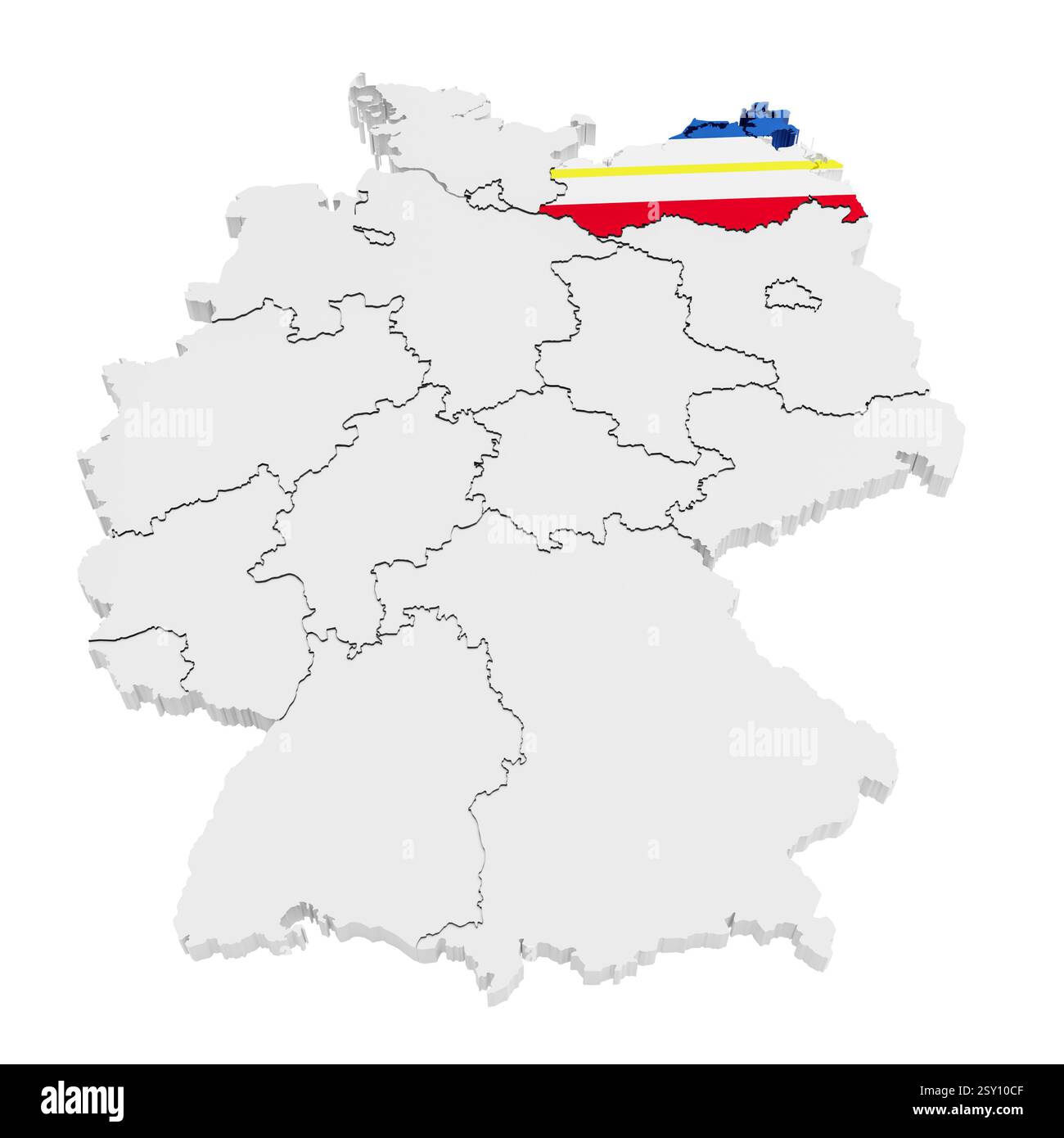 Allemagne et tous ses états. L'état Mecklembourg-Poméranie occidentale (Mecklembourg-Poméranie occidentale) mis en évidence et couvert selon le drapeau officiel. Banque D'Images