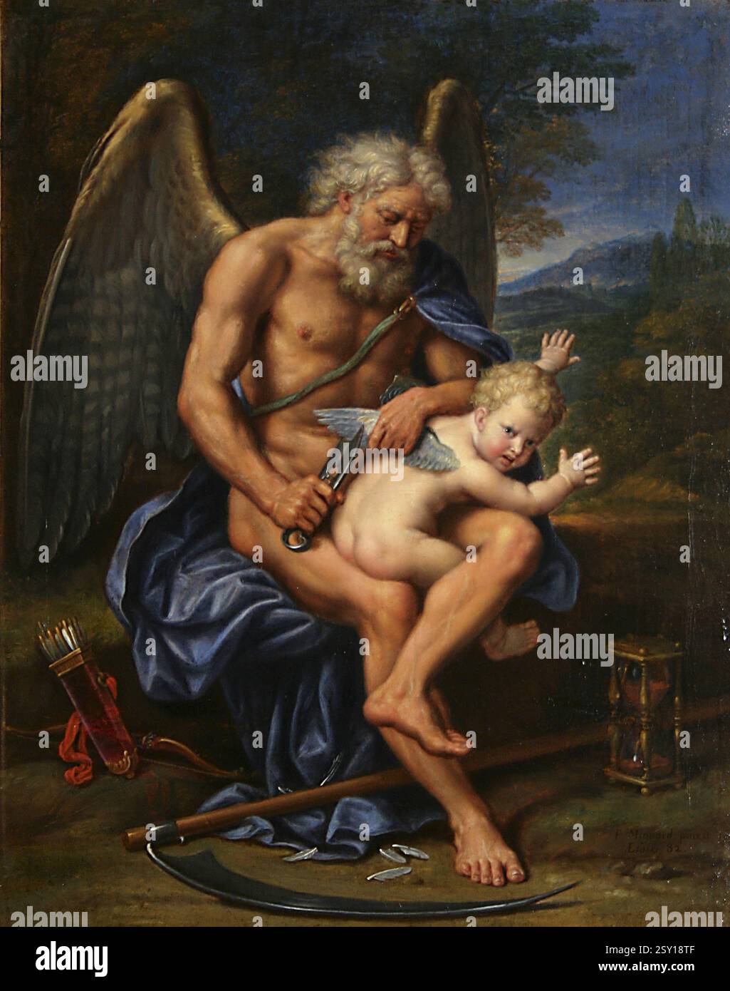 Père Time Clipping Cupidon's Wings - 1694 - ARTISTE Pierre Mignard, français, 1612-1695 . PAYS France - Chronus, Chronos. Est une personnification du temps dans la mythologie grecque, peinture à l'huile sur toile Banque D'Images