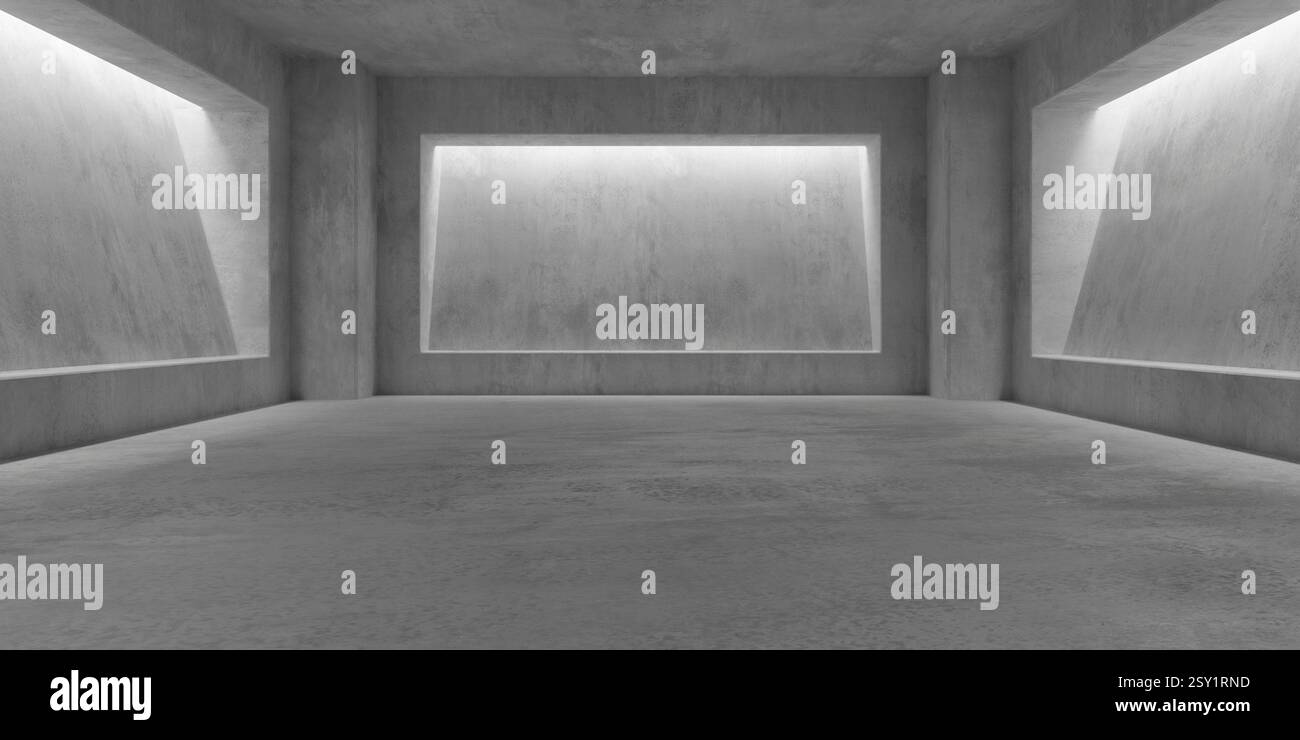 Abstrait vide, salle en béton moderne avec des évidements en pente ou des niches dans les murs avec lumière supérieure et sol rugueux - fond intérieur industriel templ Banque D'Images
