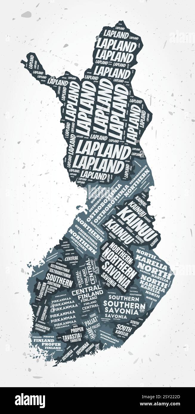 Nuages de mots pour les régions de Finlande. Forme de pays sur fond texturé. Finlande design dans un style typographique. Illustration vectorielle élégante. Illustration de Vecteur