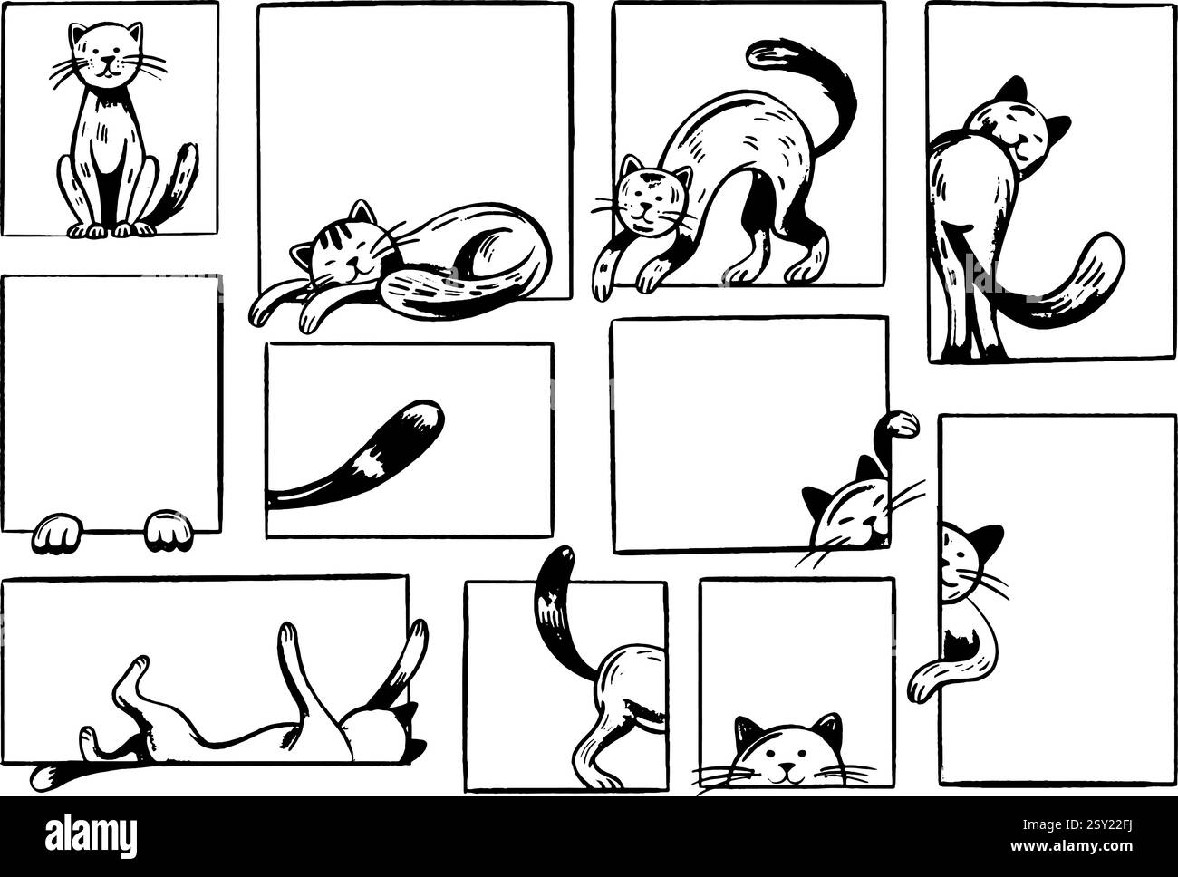 Chats dans des cadres. Chatons dessinés à la main de style simple dans les fenêtres. Chat de dessin enfantin, bannières avec animaux de compagnie. Les animaux se reposent, jouent, dorment, doodle néotérique Illustration de Vecteur
