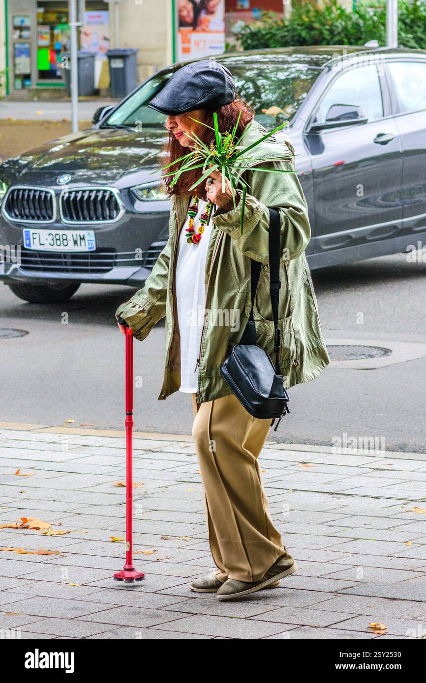 Femme âgée aux cheveux d'auburn avec canne à pied tenant un bouquet de fleurs sauvages et de feuilles - Tourse, Indre-et-Loire (37), France. Banque D'Images