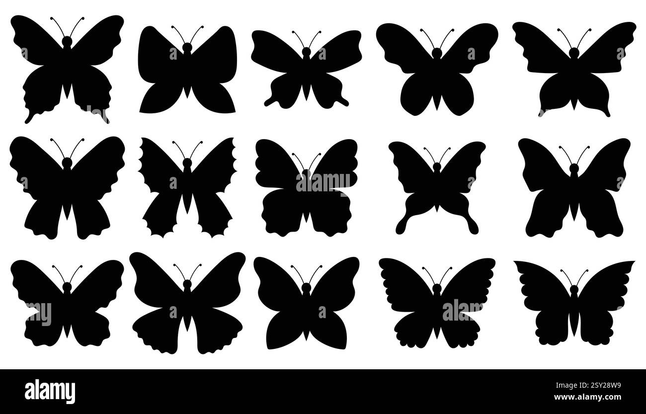 Ensemble de papillons noirs isolés sur fond blanc, collection de silhouettes. Couleur noire papillon, forme volante, ensemble clip art. Abstrait moderne m Illustration de Vecteur