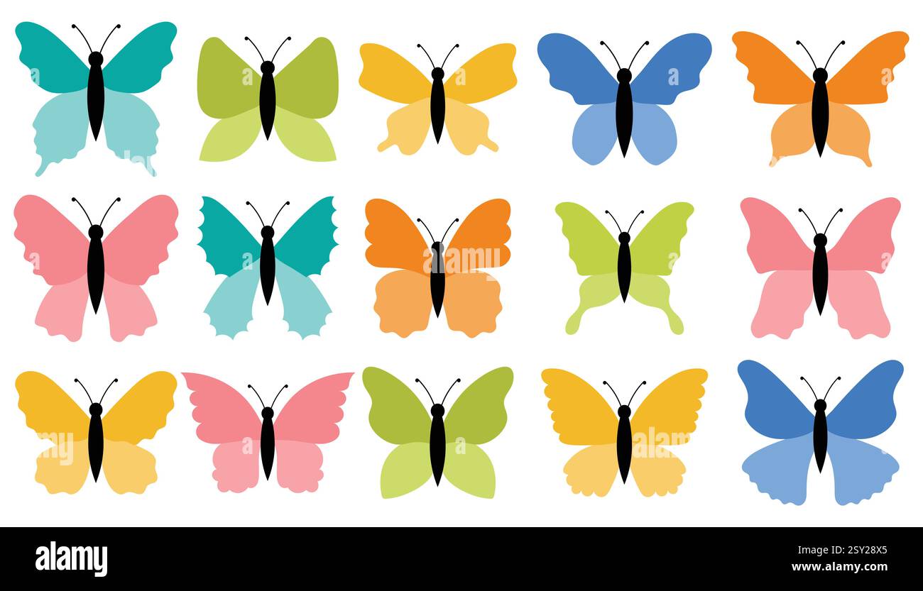 Papillons mignons décorés dans des couleurs pastel. Éléments de printemps et d'été. Collection clip art de style plat dessinée à la main. Illustration de Vecteur