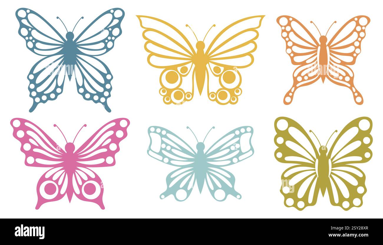 Ensemble papillons mignons. Éléments de conception d'insectes de printemps et d'été. Collection clip art de style plat dessinée à la main. Illustration de Vecteur