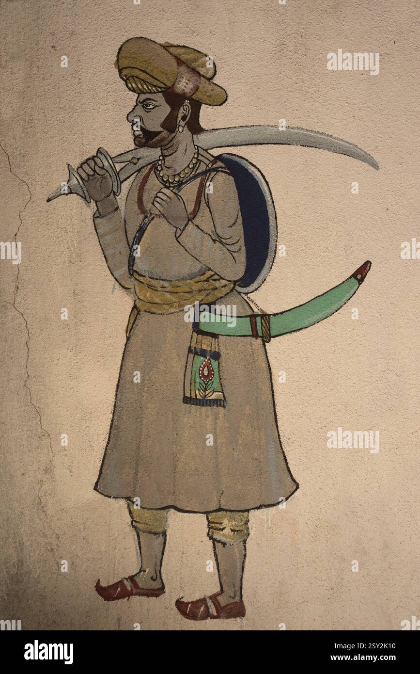 Soldat tenant un sabre peinture, Pune, Maharashtra, Inde, Asie Banque D'Images