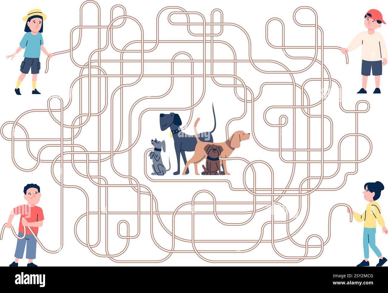 Jeu de labyrinthe avec les enfants. Enfants plats tenant une laisse de marche de chien. Trouvez les bons propriétaires d'animaux de compagnie, jeux éducatifs enfantins pour la leçon ou le temps libre. Vecteur récent Illustration de Vecteur