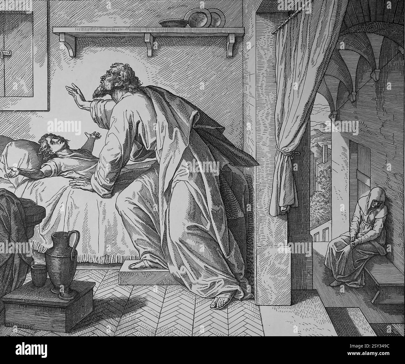 Ancien Testament. Elijah élève le fils de la veuve. Illustration par J. Schnorr von Carolsfeld. 'The Picture Bible', 1852-60. Banque D'Images