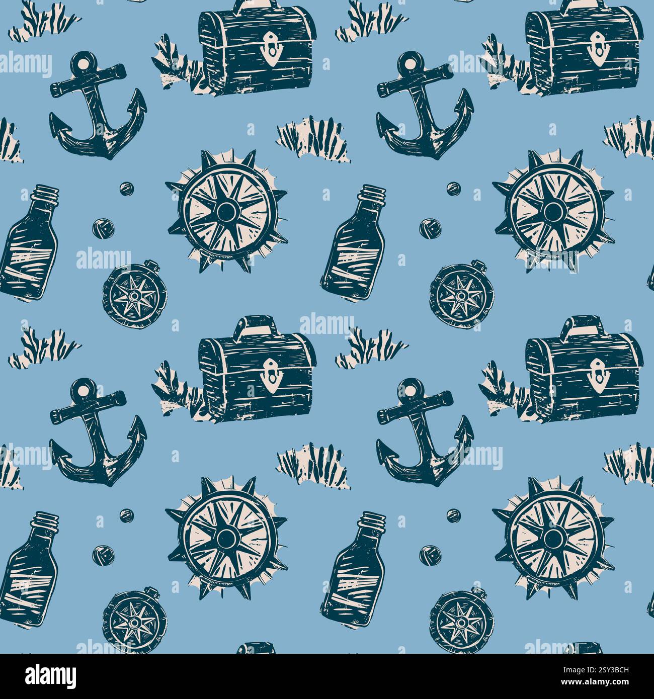Éléments de carte au trésor nautique vintage sur motif bleu. Ancres dessinées à la main, coffres au trésor, compas, bouteilles, roues de navire en bleu sur bac bleu clair Illustration de Vecteur