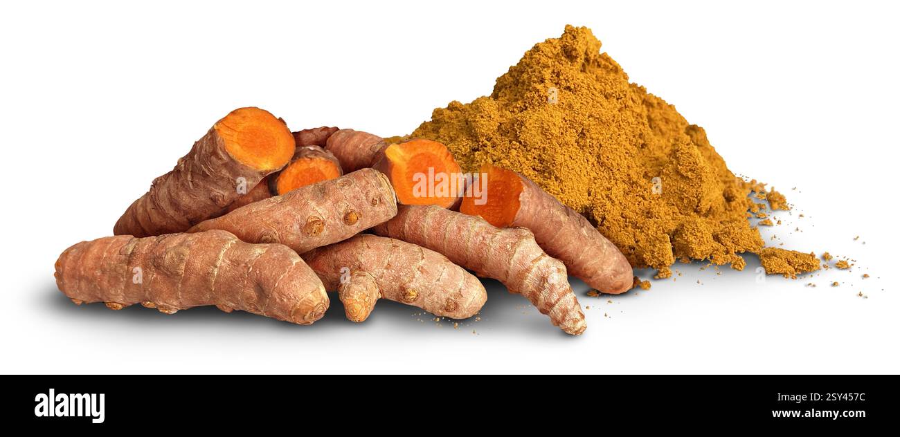 Tumeric Root Spice comme racine médicinale de curcumine et ingrédient alimentaire sain comme médicament nutritionnel thérapeutique avec des antioxydants Banque D'Images