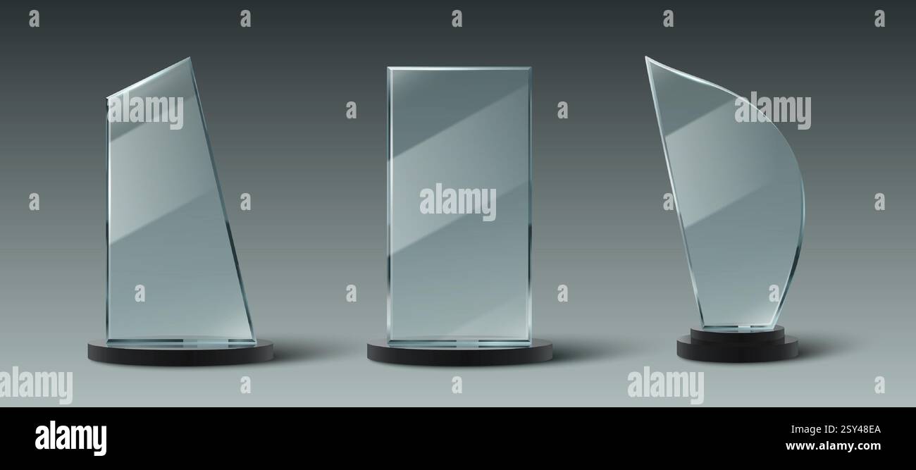 Collection de trophées en verre avec des récompenses transparentes, des pieds de base noirs, des formes géométriques minimalistes. Prix réalistes en acrylique de cristal 3D pour des réalisations d'entreprise, des concours, des conceptions de cérémonies. Illustration de Vecteur