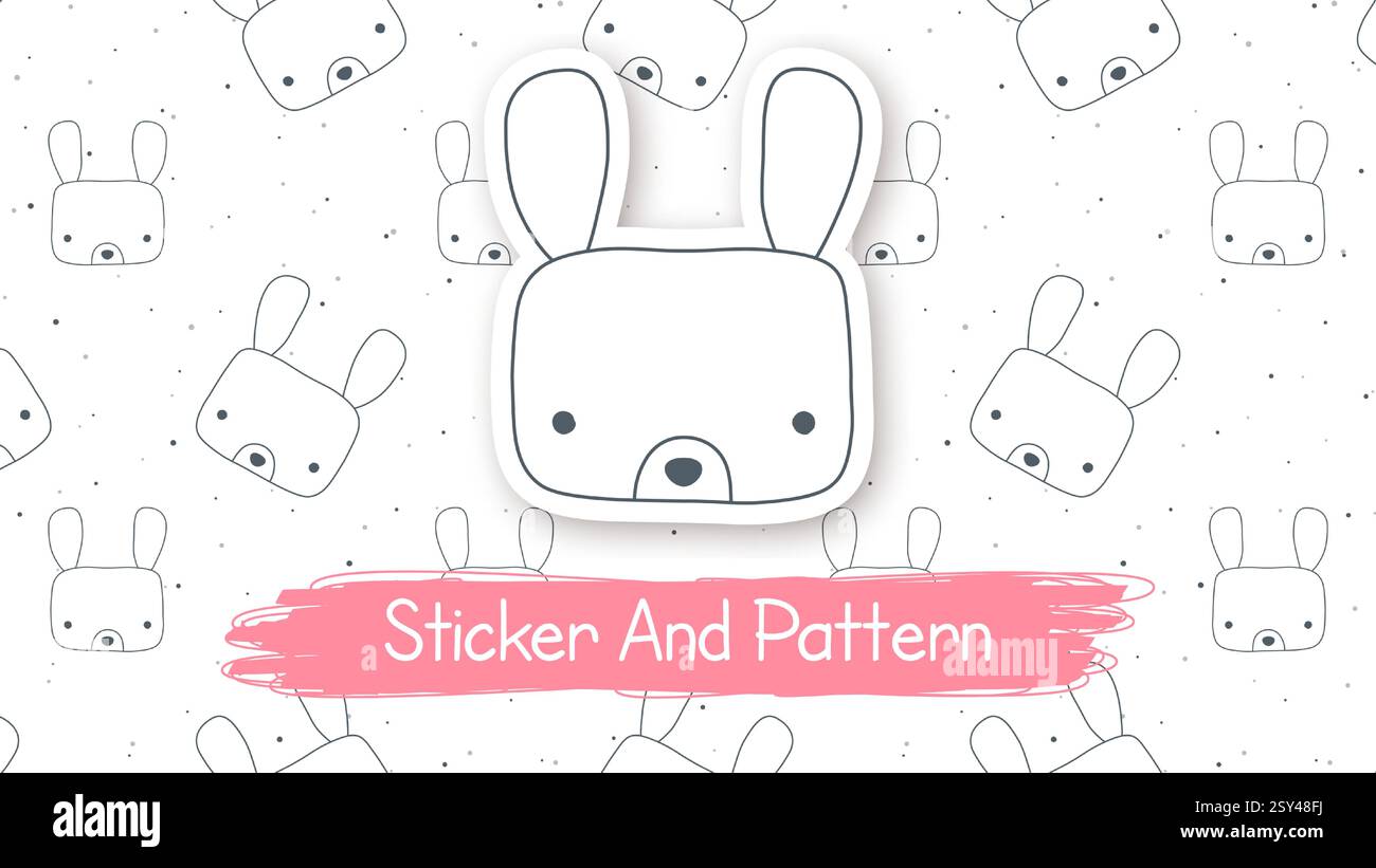 Doodle Rabbit Cartoon personnage, style animal pour enfants dessiné à la main, motif sans couture, autocollant avec ombre Illustration de Vecteur