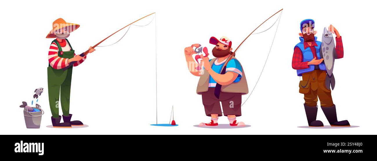 Personnages de dessins animés de pêcheurs tenant des tiges avec des poissons capturés. Hommes divers dans différentes tenues - pêcheur âgé en chapeau avec seau, crochet d'appât de personne barbu, fier pêcheur affichant de grandes prises. Illustration de Vecteur